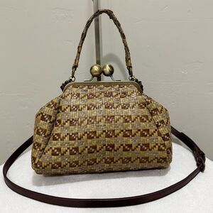 Genuine Woven Leather Handmade Vintage Kisslock Wristlet/ ShoulderBag/Crossbody